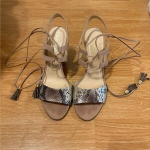 Tan Snakeskin Lace-Up Sandals with Block Heel